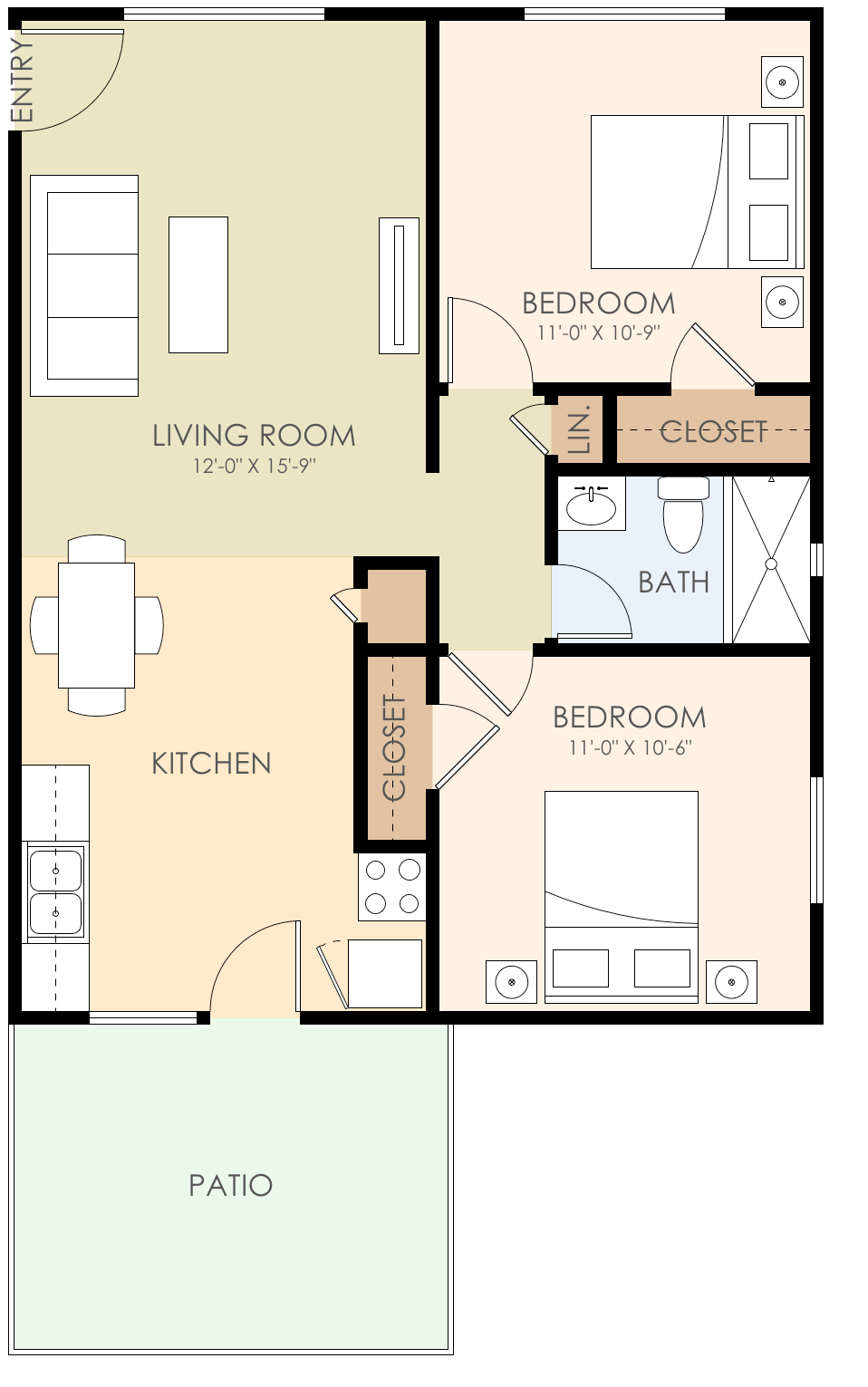 Floor plan for 2 beds, 1 bath, 860 sqft